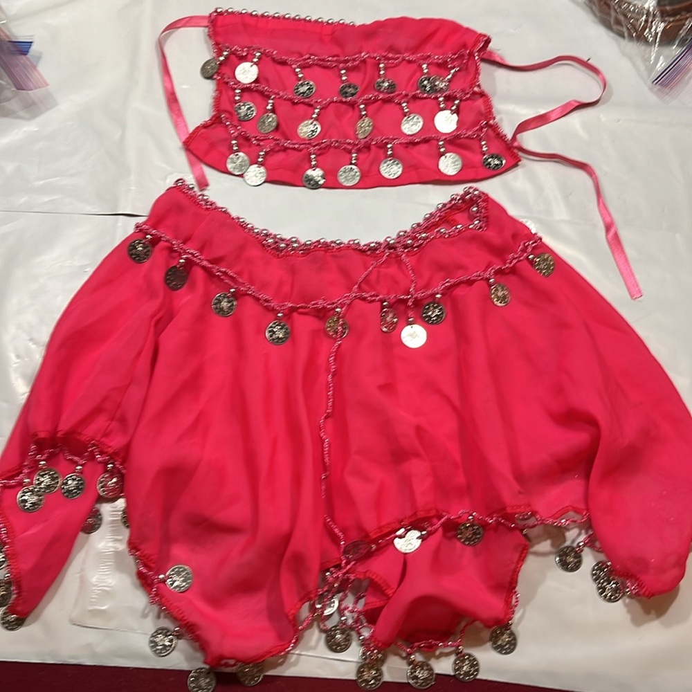 BELLY Dancer XS PINK SKIRT/ face MASK SET dangle COINS shimmy Dance 25” waist S